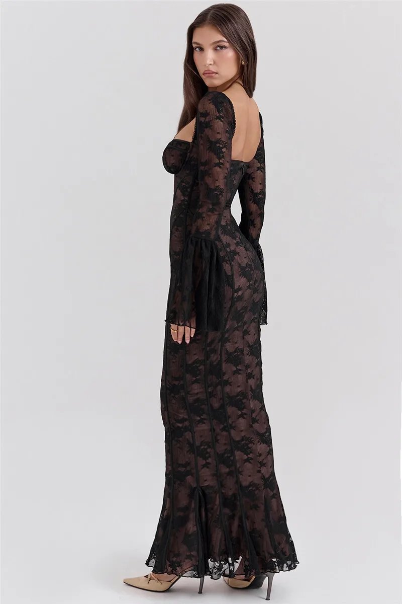 Fleepmart Lace Print Long Flare Sleeve Sexy Maxi Dress For Women Fashion Square Collar Backless Bodycon Club Party Sexy Dress Fleepmart Lace Print Long Flare Sleeve Sexy Maxi Dress For Women Fashion Square Collar Backless Bodycon Club Party Sexy Dress