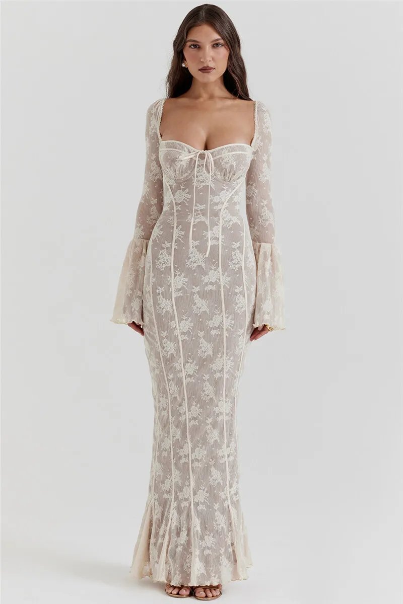 Fleepmart Lace Print Long Flare Sleeve Sexy Maxi Dress For Women Fashion Square Collar Backless Bodycon Club Party Sexy Dress Fleepmart Lace Print Long Flare Sleeve Sexy Maxi Dress For Women Fashion Square Collar Backless Bodycon Club Party Sexy Dress