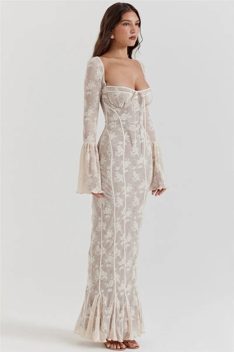 Fleepmart Lace Print Long Flare Sleeve Sexy Maxi Dress For Women Fashion Square Collar Backless Bodycon Club Party Sexy Dress Fleepmart Lace Print Long Flare Sleeve Sexy Maxi Dress For Women Fashion Square Collar Backless Bodycon Club Party Sexy Dress