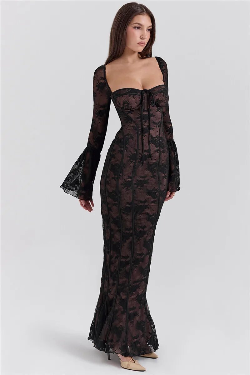 Fleepmart Lace Print Long Flare Sleeve Sexy Maxi Dress For Women Fashion Square Collar Backless Bodycon Club Party Sexy Dress Fleepmart Lace Print Long Flare Sleeve Sexy Maxi Dress For Women Fashion Square Collar Backless Bodycon Club Party Sexy Dress