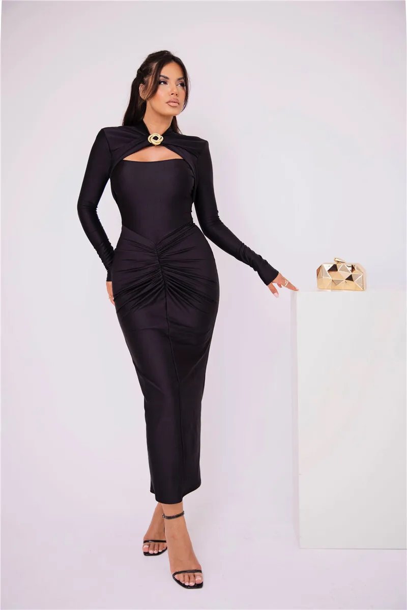 Fleepmart Hollow Out Long Sleeve Sexy Maxi Dress For Women Gown Autumn Winter New Metal Buckle Ruched Slit Long Dress Elegant Fleepmart Hollow Out Long Sleeve Sexy Maxi Dress For Women Gown Autumn Winter New Metal Buckle Ruched Slit Long Dress Elegant