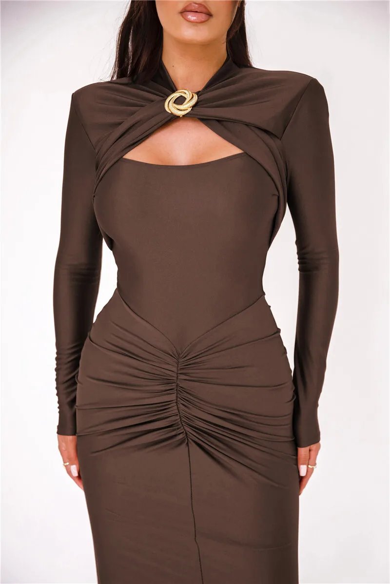 Fleepmart Hollow Out Long Sleeve Sexy Maxi Dress For Women Gown Autumn Winter New Metal Buckle Ruched Slit Long Dress Elegant Fleepmart Hollow Out Long Sleeve Sexy Maxi Dress For Women Gown Autumn Winter New Metal Buckle Ruched Slit Long Dress Elegant