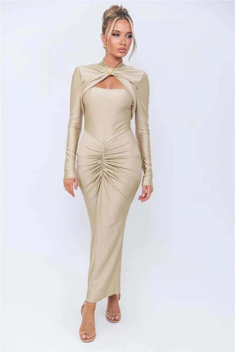 Fleepmart Hollow Out Long Sleeve Sexy Maxi Dress For Women Gown Autumn Winter New Metal Buckle Ruched Slit Long Dress Elegant Fleepmart Hollow Out Long Sleeve Sexy Maxi Dress For Women Gown Autumn Winter New Metal Buckle Ruched Slit Long Dress Elegant