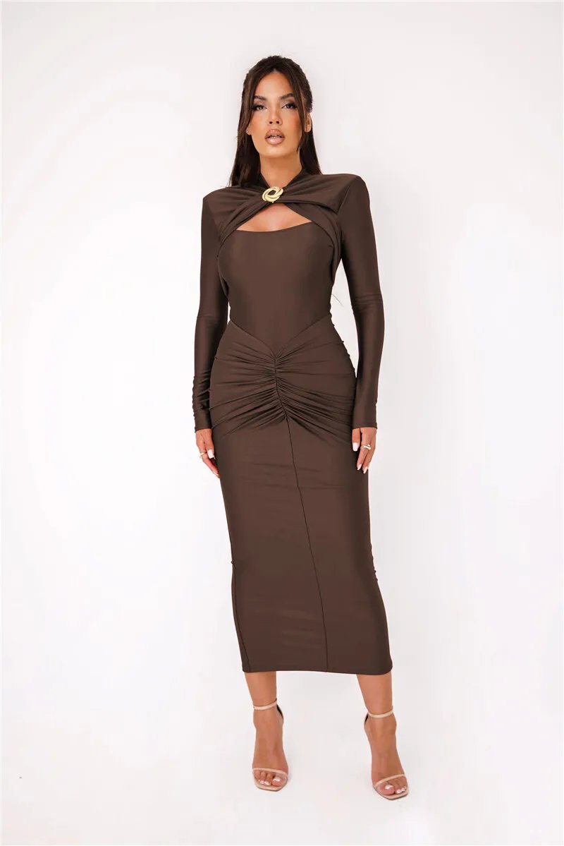 Fleepmart Hollow Out Long Sleeve Sexy Maxi Dress For Women Gown Autumn Winter New Metal Buckle Ruched Slit Long Dress Elegant Fleepmart Hollow Out Long Sleeve Sexy Maxi Dress For Women Gown Autumn Winter New Metal Buckle Ruched Slit Long Dress Elegant