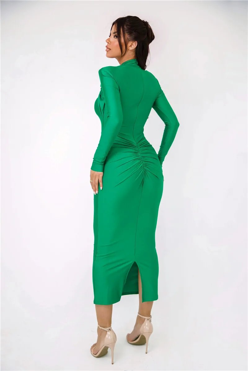 Fleepmart Hollow Out Long Sleeve Sexy Maxi Dress For Women Gown Autumn Winter New Metal Buckle Ruched Slit Long Dress Elegant Fleepmart Hollow Out Long Sleeve Sexy Maxi Dress For Women Gown Autumn Winter New Metal Buckle Ruched Slit Long Dress Elegant