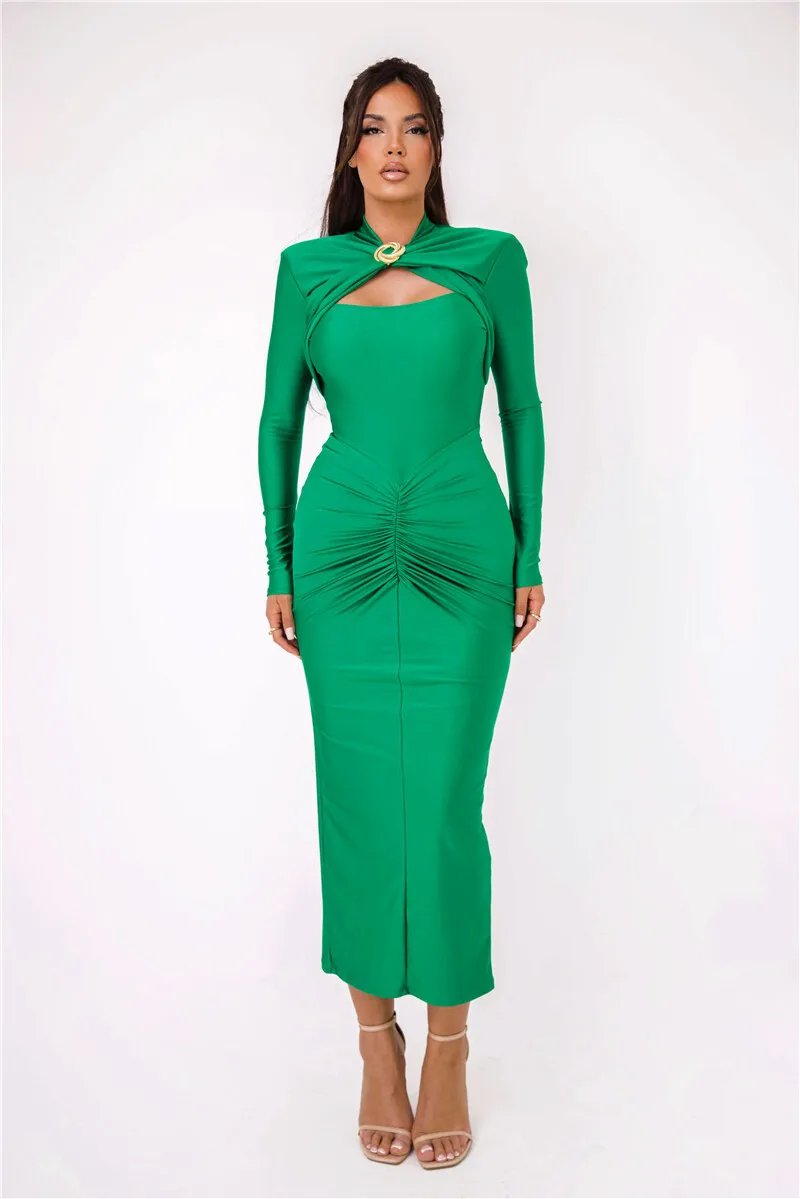 Fleepmart Hollow Out Long Sleeve Sexy Maxi Dress For Women Gown Autumn Winter New Metal Buckle Ruched Slit Long Dress Elegant Fleepmart Hollow Out Long Sleeve Sexy Maxi Dress For Women Gown Autumn Winter New Metal Buckle Ruched Slit Long Dress Elegant