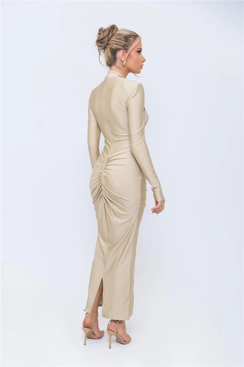 Fleepmart Hollow Out Long Sleeve Sexy Maxi Dress For Women Gown Autumn Winter New Metal Buckle Ruched Slit Long Dress Elegant Fleepmart Hollow Out Long Sleeve Sexy Maxi Dress For Women Gown Autumn Winter New Metal Buckle Ruched Slit Long Dress Elegant