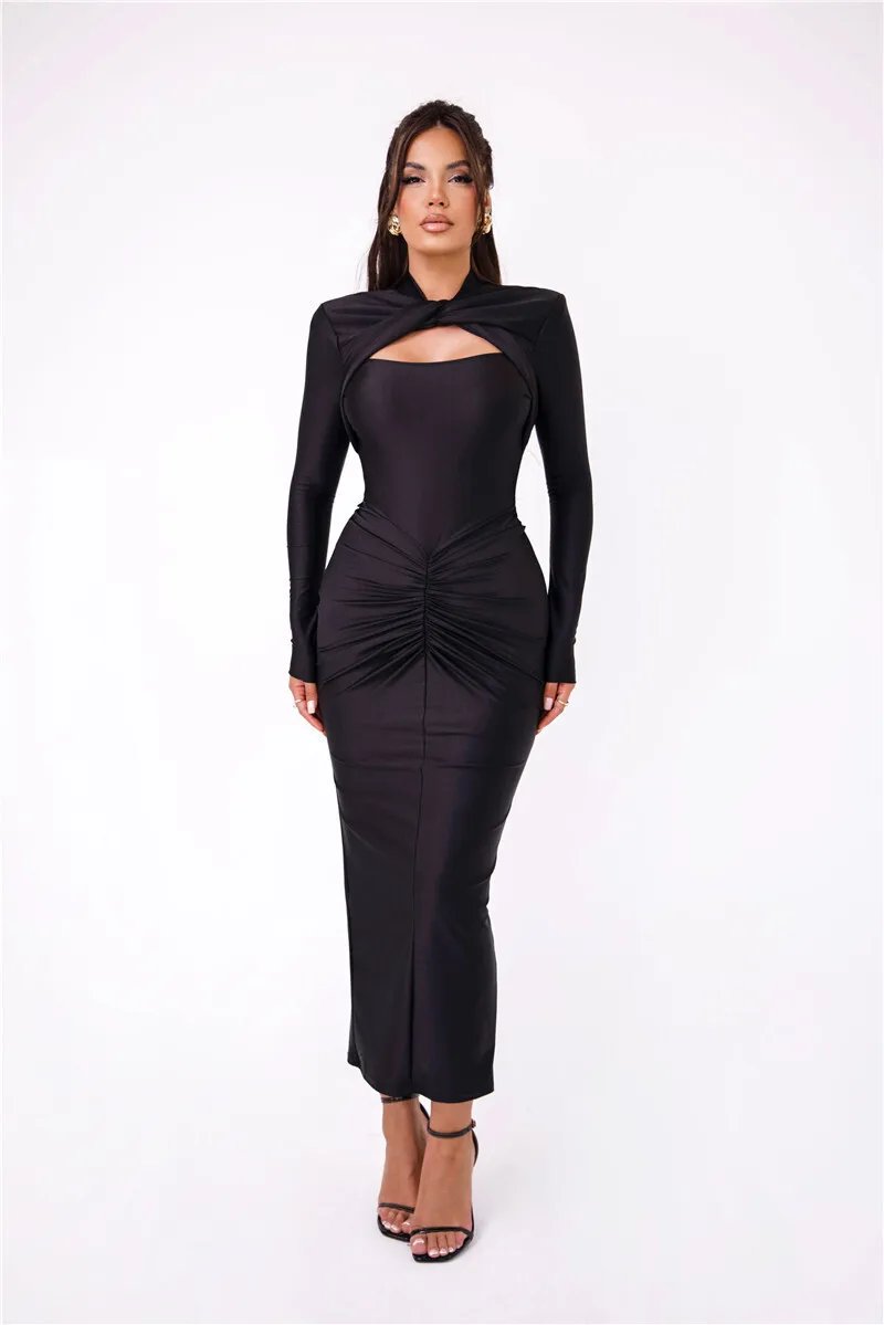 Fleepmart Hollow Out Long Sleeve Sexy Maxi Dress For Women Gown Autumn Winter New Metal Buckle Ruched Slit Long Dress Elegant Fleepmart Hollow Out Long Sleeve Sexy Maxi Dress For Women Gown Autumn Winter New Metal Buckle Ruched Slit Long Dress Elegant