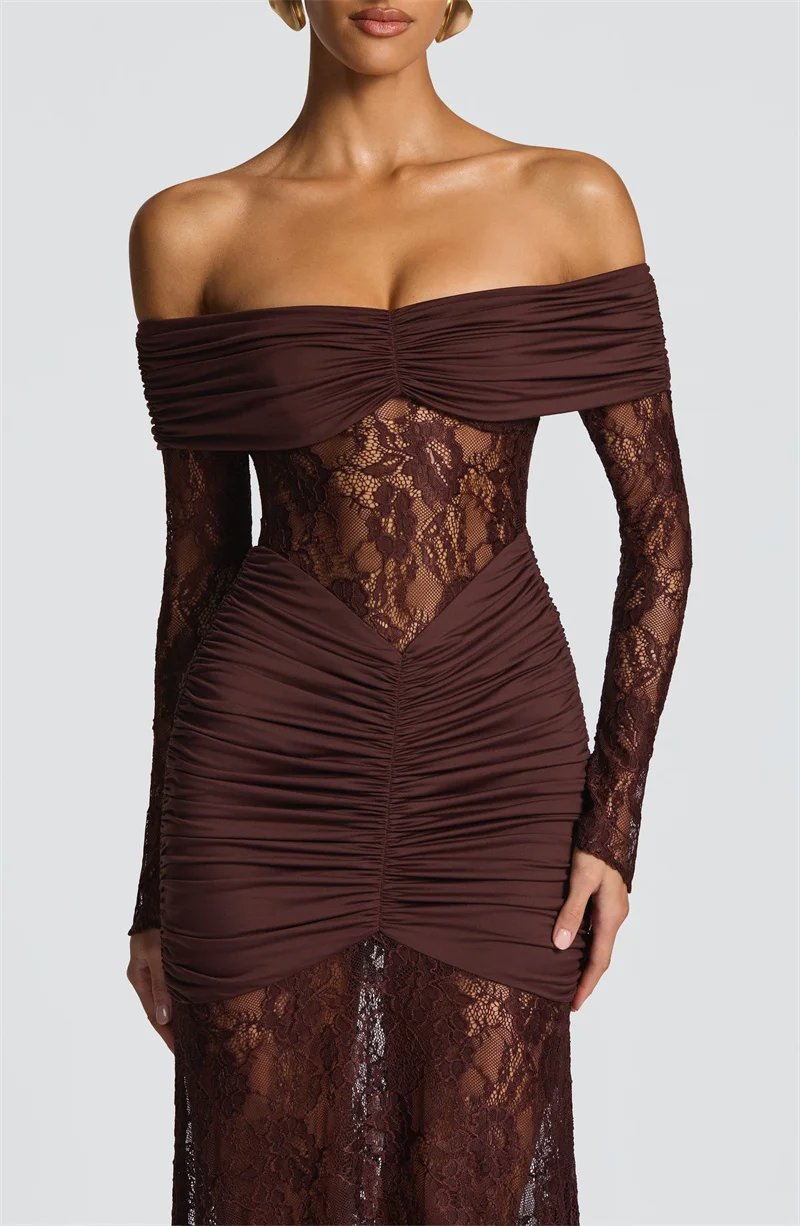 Fleepmart Off-shoulder Long Sleeve Sexy Maxi Dress Women Fashion Lace See Through Strapless Backless Bodycon Club Party Dresses Fleepmart Off-shoulder Long Sleeve Sexy Maxi Dress Women Fashion Lace See Through Strapless Backless Bodycon Club Party Dresses