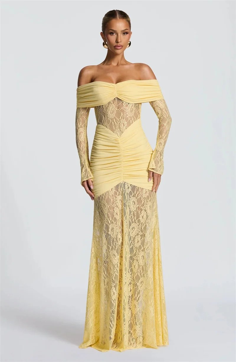 Fleepmart Off-shoulder Long Sleeve Sexy Maxi Dress Women Fashion Lace See Through Strapless Backless Bodycon Club Party Dresses Fleepmart Off-shoulder Long Sleeve Sexy Maxi Dress Women Fashion Lace See Through Strapless Backless Bodycon Club Party Dresses