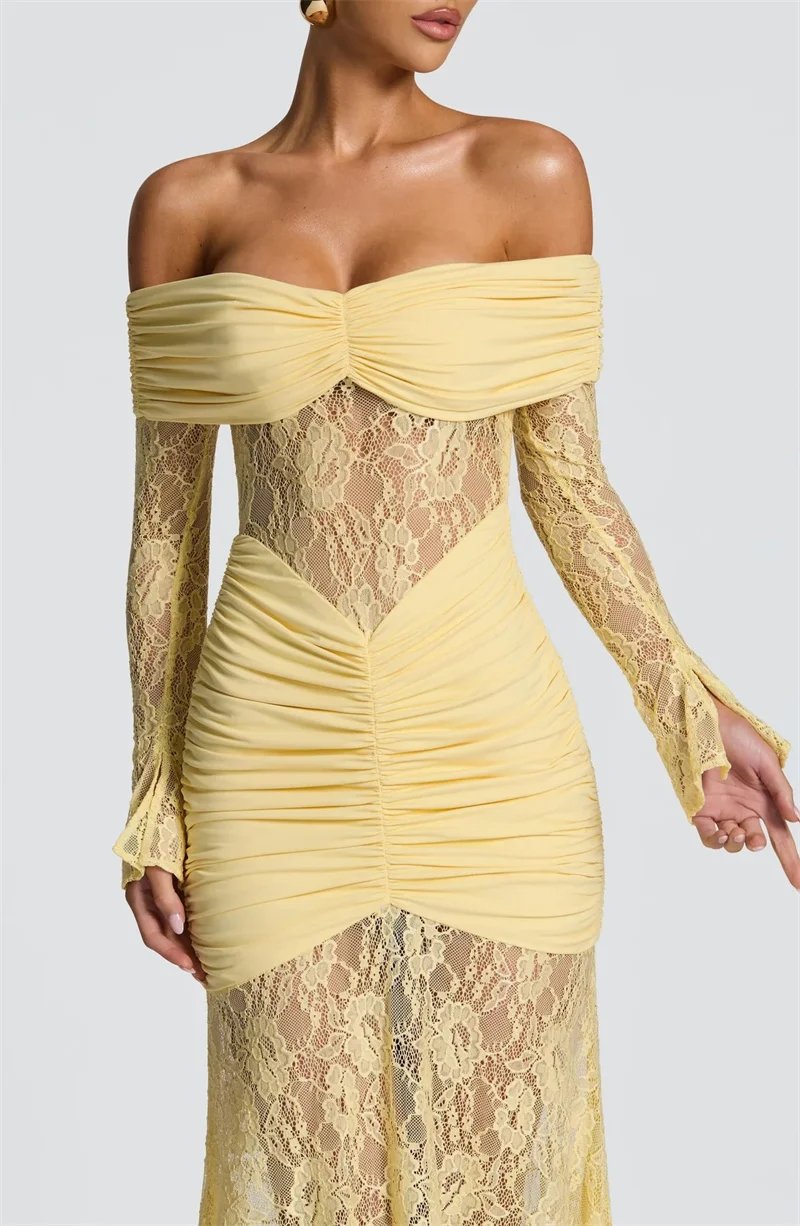 Fleepmart Off-shoulder Long Sleeve Sexy Maxi Dress Women Fashion Lace See Through Strapless Backless Bodycon Club Party Dresses Fleepmart Off-shoulder Long Sleeve Sexy Maxi Dress Women Fashion Lace See Through Strapless Backless Bodycon Club Party Dresses