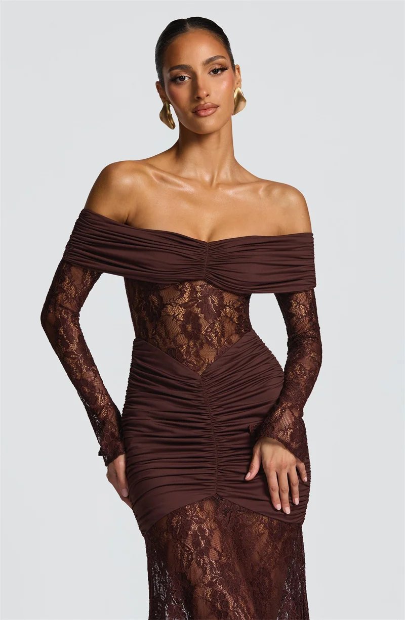 Fleepmart Off-shoulder Long Sleeve Sexy Maxi Dress Women Fashion Lace See Through Strapless Backless Bodycon Club Party Dresses Fleepmart Off-shoulder Long Sleeve Sexy Maxi Dress Women Fashion Lace See Through Strapless Backless Bodycon Club Party Dresses