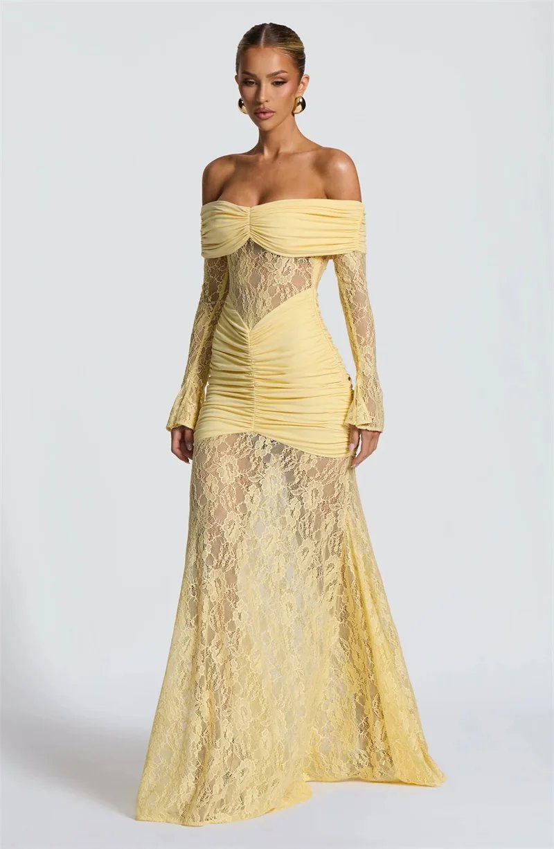 Fleepmart Off-shoulder Long Sleeve Sexy Maxi Dress Women Fashion Lace See Through Strapless Backless Bodycon Club Party Dresses Fleepmart Off-shoulder Long Sleeve Sexy Maxi Dress Women Fashion Lace See Through Strapless Backless Bodycon Club Party Dresses