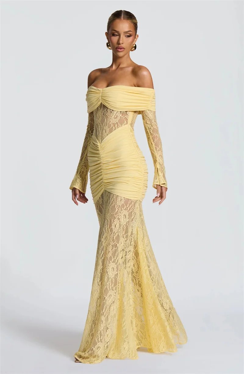 Fleepmart Off-shoulder Long Sleeve Sexy Maxi Dress Women Fashion Lace See Through Strapless Backless Bodycon Club Party Dresses Fleepmart Off-shoulder Long Sleeve Sexy Maxi Dress Women Fashion Lace See Through Strapless Backless Bodycon Club Party Dresses