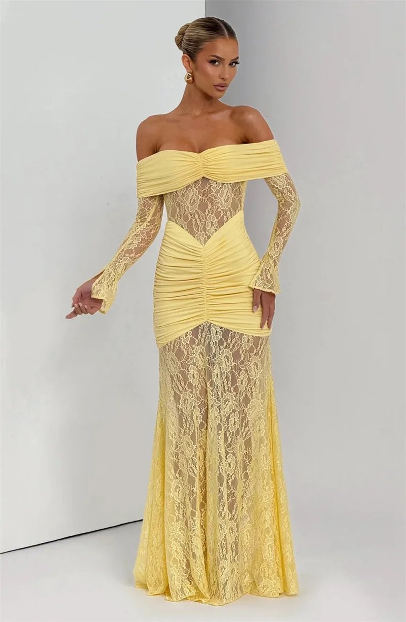 Fleepmart Off-shoulder Long Sleeve Sexy Maxi Dress Women Fashion Lace See Through Strapless Backless Bodycon Club Party Dresses Fleepmart Off-shoulder Long Sleeve Sexy Maxi Dress Women Fashion Lace See Through Strapless Backless Bodycon Club Party Dresses