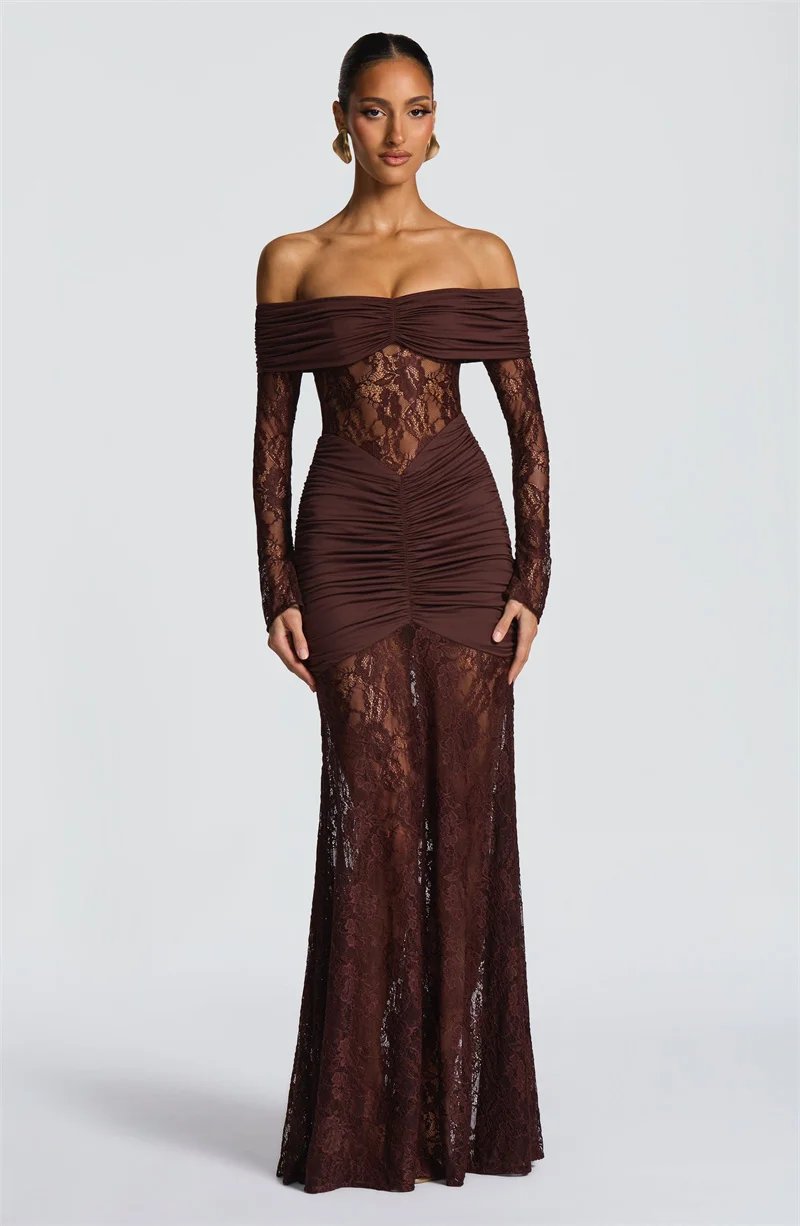 Fleepmart Off-shoulder Long Sleeve Sexy Maxi Dress Women Fashion Lace See Through Strapless Backless Bodycon Club Party Dresses Fleepmart Off-shoulder Long Sleeve Sexy Maxi Dress Women Fashion Lace See Through Strapless Backless Bodycon Club Party Dresses