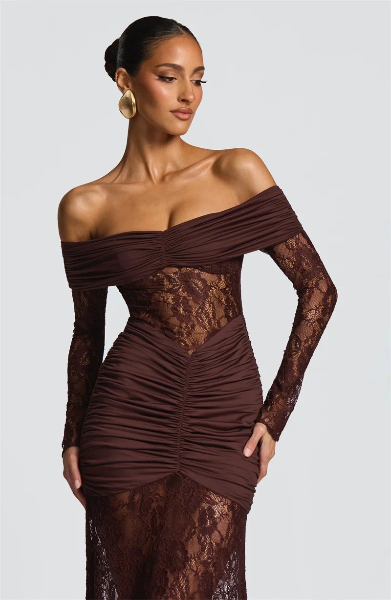 Fleepmart Off-shoulder Long Sleeve Sexy Maxi Dress Women Fashion Lace See Through Strapless Backless Bodycon Club Party Dresses Fleepmart Off-shoulder Long Sleeve Sexy Maxi Dress Women Fashion Lace See Through Strapless Backless Bodycon Club Party Dresses