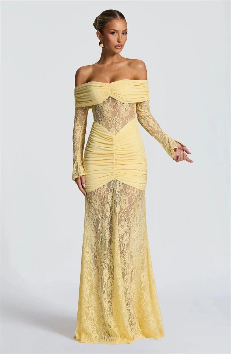 Fleepmart Off-shoulder Long Sleeve Sexy Maxi Dress Women Fashion Lace See Through Strapless Backless Bodycon Club Party Dresses Fleepmart Off-shoulder Long Sleeve Sexy Maxi Dress Women Fashion Lace See Through Strapless Backless Bodycon Club Party Dresses