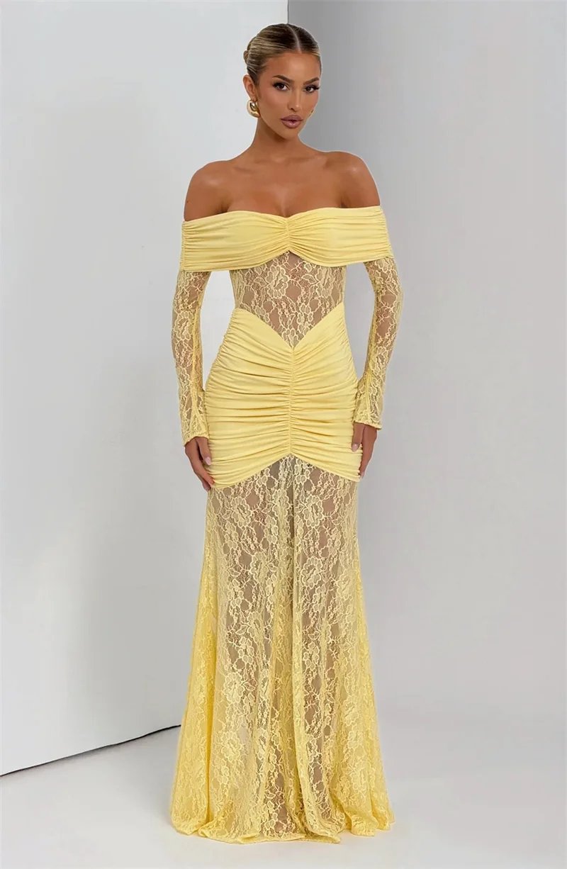 Fleepmart Off-shoulder Long Sleeve Sexy Maxi Dress Women Fashion Lace See Through Strapless Backless Bodycon Club Party Dresses Fleepmart Off-shoulder Long Sleeve Sexy Maxi Dress Women Fashion Lace See Through Strapless Backless Bodycon Club Party Dresses