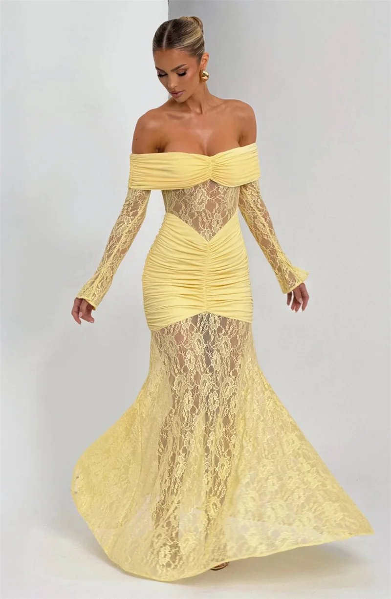 Fleepmart Off-shoulder Long Sleeve Sexy Maxi Dress Women Fashion Lace See Through Strapless Backless Bodycon Club Party Dresses Fleepmart Off-shoulder Long Sleeve Sexy Maxi Dress Women Fashion Lace See Through Strapless Backless Bodycon Club Party Dresses