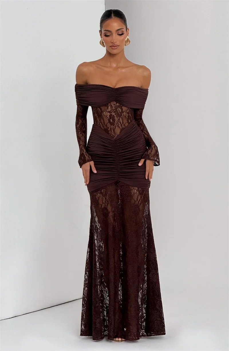 Fleepmart Off-shoulder Long Sleeve Sexy Maxi Dress Women Fashion Lace See Through Strapless Backless Bodycon Club Party Dresses Fleepmart Off-shoulder Long Sleeve Sexy Maxi Dress Women Fashion Lace See Through Strapless Backless Bodycon Club Party Dresses