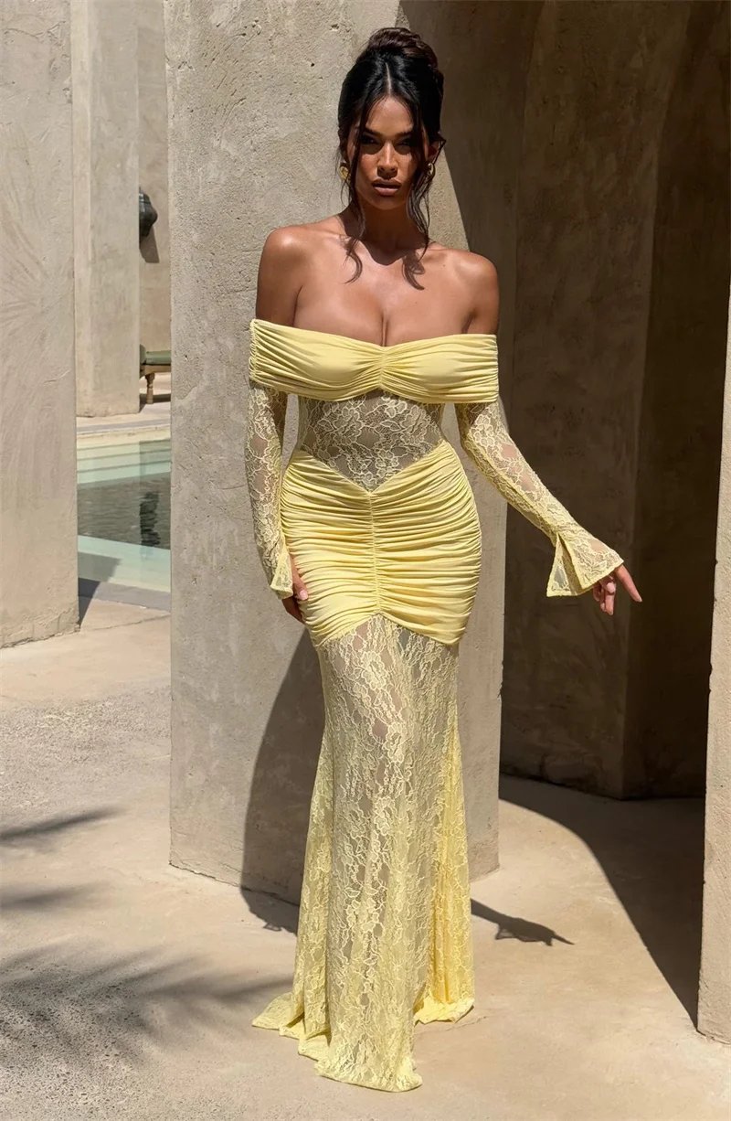 Fleepmart Off-shoulder Long Sleeve Sexy Maxi Dress Women Fashion Lace See Through Strapless Backless Bodycon Club Party Dresses Fleepmart Off-shoulder Long Sleeve Sexy Maxi Dress Women Fashion Lace See Through Strapless Backless Bodycon Club Party Dresses