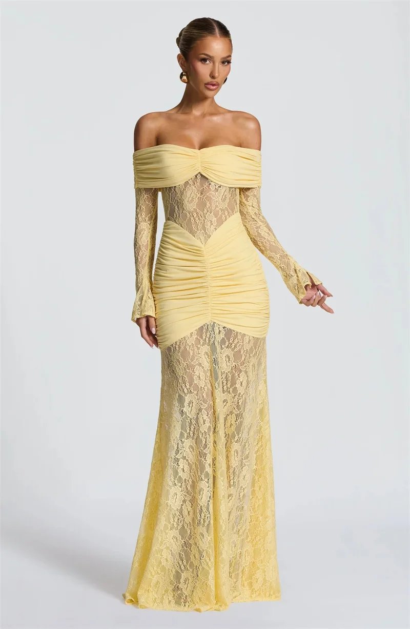 Fleepmart Off-shoulder Long Sleeve Sexy Maxi Dress Women Fashion Lace See Through Strapless Backless Bodycon Club Party Dresses Fleepmart Off-shoulder Long Sleeve Sexy Maxi Dress Women Fashion Lace See Through Strapless Backless Bodycon Club Party Dresses