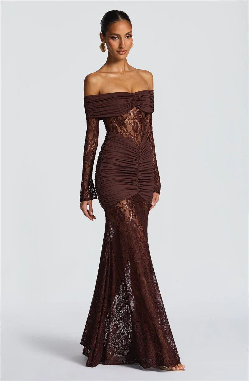 Fleepmart Off-shoulder Long Sleeve Sexy Maxi Dress Women Fashion Lace See Through Strapless Backless Bodycon Club Party Dresses Fleepmart Off-shoulder Long Sleeve Sexy Maxi Dress Women Fashion Lace See Through Strapless Backless Bodycon Club Party Dresses