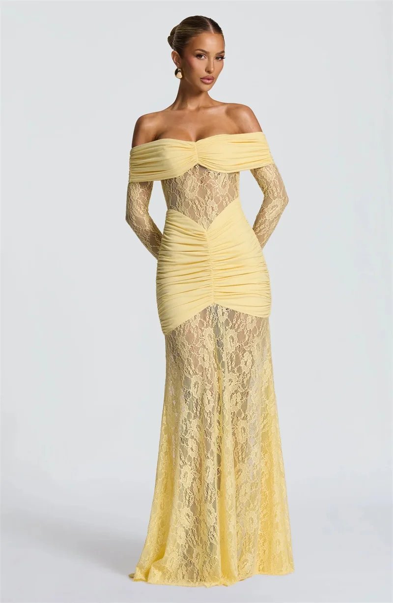Fleepmart Off-shoulder Long Sleeve Sexy Maxi Dress Women Fashion Lace See Through Strapless Backless Bodycon Club Party Dresses Fleepmart Off-shoulder Long Sleeve Sexy Maxi Dress Women Fashion Lace See Through Strapless Backless Bodycon Club Party Dresses