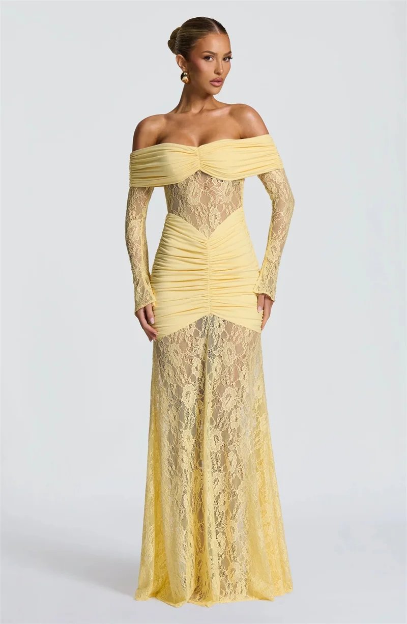 Fleepmart Off-shoulder Long Sleeve Sexy Maxi Dress Women Fashion Lace See Through Strapless Backless Bodycon Club Party Dresses Fleepmart Off-shoulder Long Sleeve Sexy Maxi Dress Women Fashion Lace See Through Strapless Backless Bodycon Club Party Dresses