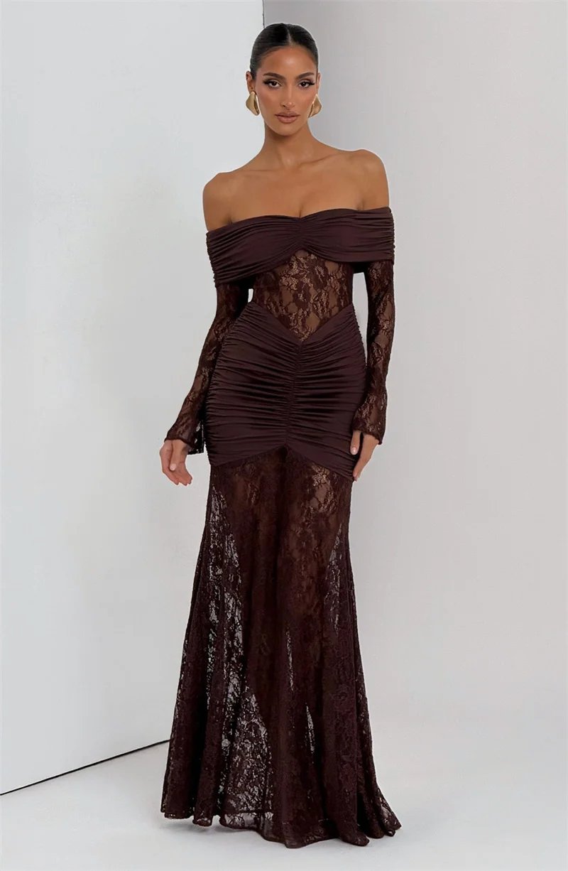 Fleepmart Off-shoulder Long Sleeve Sexy Maxi Dress Women Fashion Lace See Through Strapless Backless Bodycon Club Party Dresses Fleepmart Off-shoulder Long Sleeve Sexy Maxi Dress Women Fashion Lace See Through Strapless Backless Bodycon Club Party Dresses