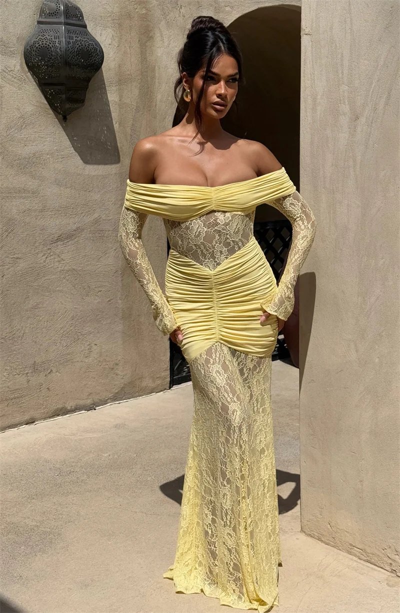 Fleepmart Off-shoulder Long Sleeve Sexy Maxi Dress Women Fashion Lace See Through Strapless Backless Bodycon Club Party Dresses Fleepmart Off-shoulder Long Sleeve Sexy Maxi Dress Women Fashion Lace See Through Strapless Backless Bodycon Club Party Dresses