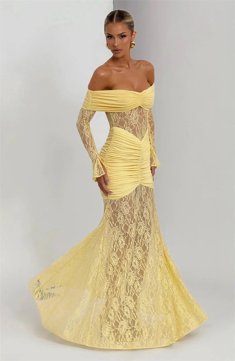 Fleepmart Off-shoulder Long Sleeve Sexy Maxi Dress Women Fashion Lace See Through Strapless Backless Bodycon Club Party Dresses Fleepmart Off-shoulder Long Sleeve Sexy Maxi Dress Women Fashion Lace See Through Strapless Backless Bodycon Club Party Dresses