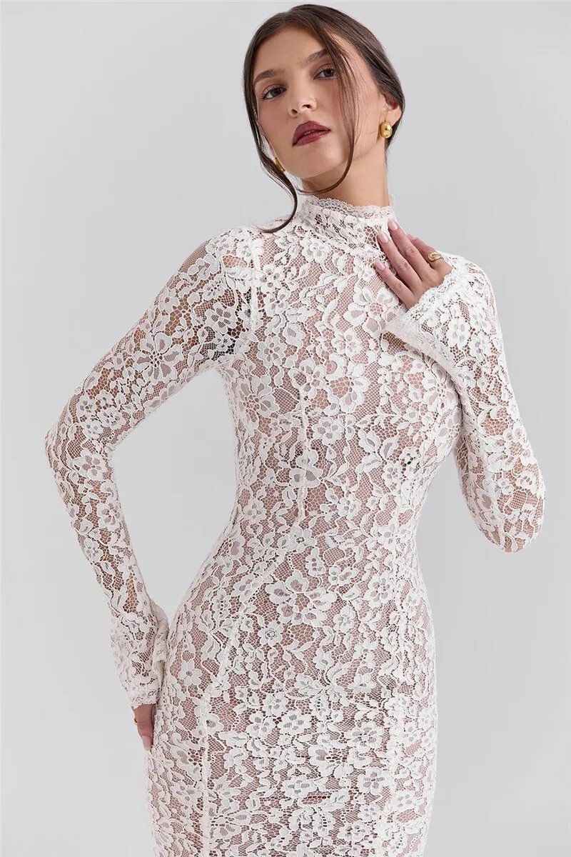 Fleepmart Lace Long Sleeve Sexy Midi Dress For Women Elegant White Half High Collar High Waist Bodycon Club Party Sexy Long Dress Fleepmart Lace Long Sleeve Sexy Midi Dress For Women Elegant White Half High Collar High Waist Bodycon Club Party Sexy Long Dress