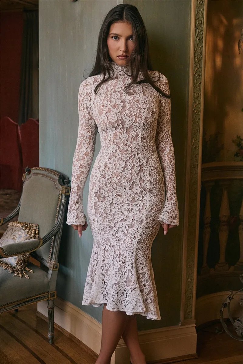Fleepmart Lace Long Sleeve Sexy Midi Dress For Women Elegant White Half High Collar High Waist Bodycon Club Party Sexy Long Dress Fleepmart Lace Long Sleeve Sexy Midi Dress For Women Elegant White Half High Collar High Waist Bodycon Club Party Sexy Long Dress