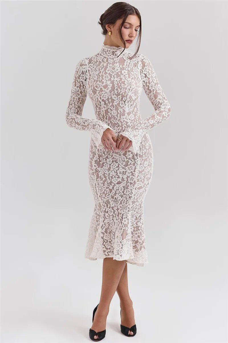 Fleepmart Lace Long Sleeve Sexy Midi Dress For Women Elegant White Half High Collar High Waist Bodycon Club Party Sexy Long Dress Fleepmart Lace Long Sleeve Sexy Midi Dress For Women Elegant White Half High Collar High Waist Bodycon Club Party Sexy Long Dress