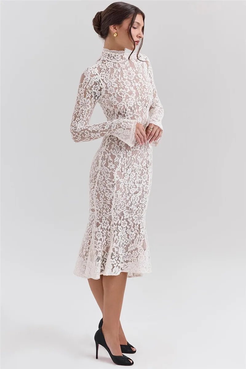 Fleepmart Lace Long Sleeve Sexy Midi Dress For Women Elegant White Half High Collar High Waist Bodycon Club Party Sexy Long Dress Fleepmart Lace Long Sleeve Sexy Midi Dress For Women Elegant White Half High Collar High Waist Bodycon Club Party Sexy Long Dress