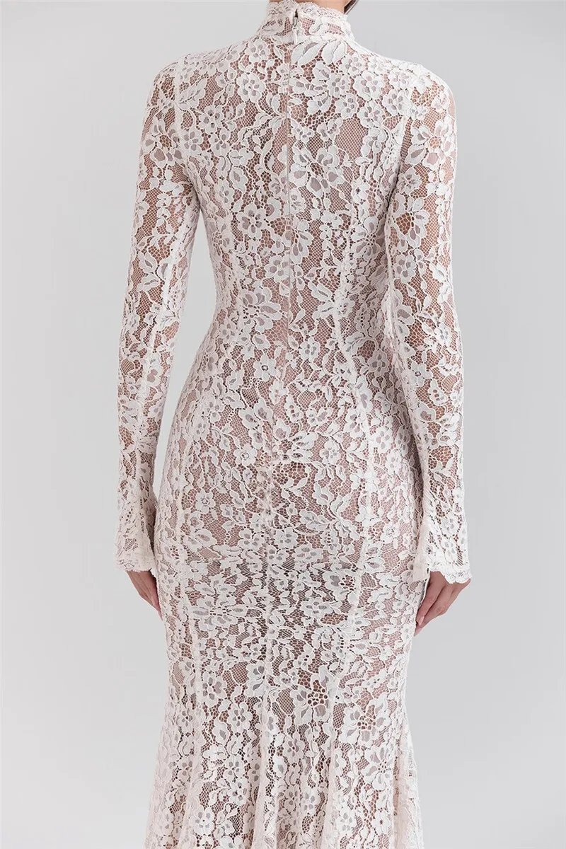 Fleepmart Lace Long Sleeve Sexy Midi Dress For Women Elegant White Half High Collar High Waist Bodycon Club Party Sexy Long Dress Fleepmart Lace Long Sleeve Sexy Midi Dress For Women Elegant White Half High Collar High Waist Bodycon Club Party Sexy Long Dress