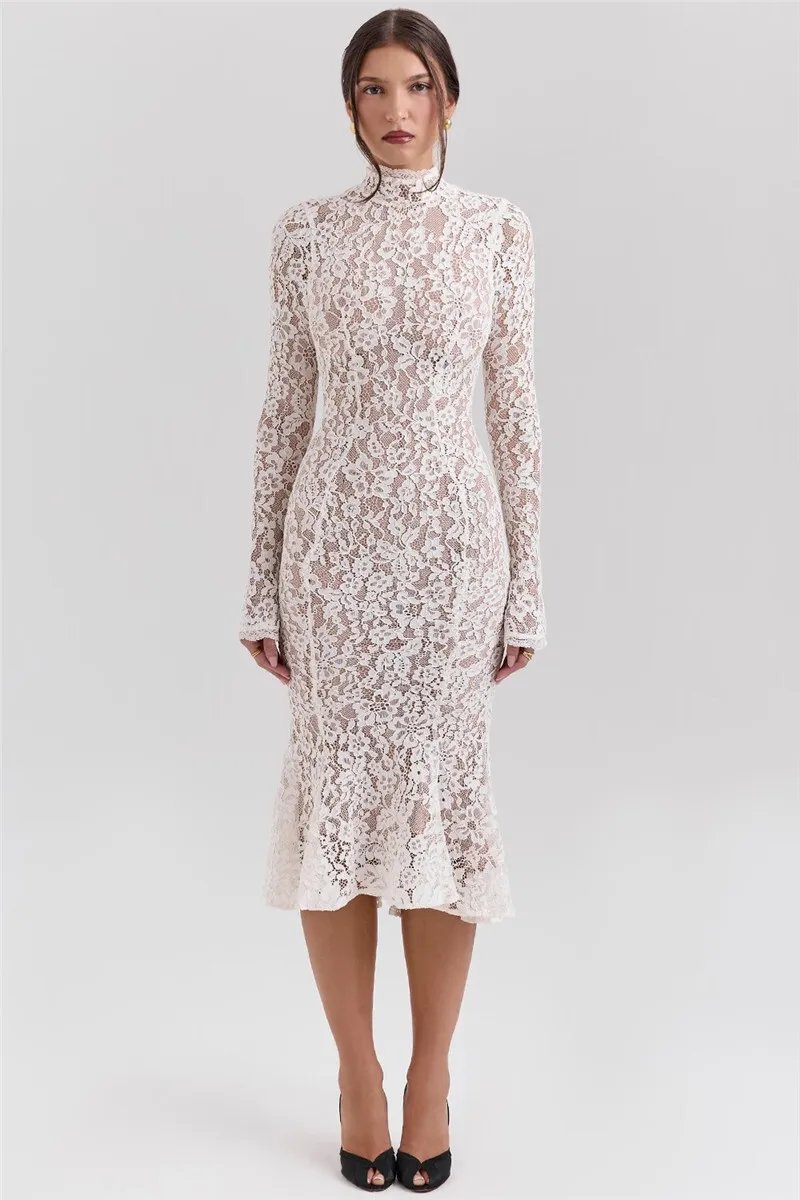 Fleepmart Lace Long Sleeve Sexy Midi Dress For Women Elegant White Half High Collar High Waist Bodycon Club Party Sexy Long Dress Fleepmart Lace Long Sleeve Sexy Midi Dress For Women Elegant White Half High Collar High Waist Bodycon Club Party Sexy Long Dress