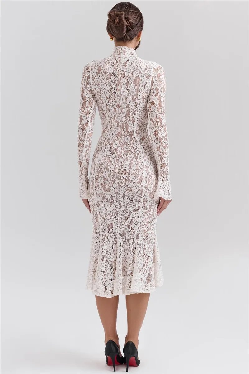 Fleepmart Lace Long Sleeve Sexy Midi Dress For Women Elegant White Half High Collar High Waist Bodycon Club Party Sexy Long Dress Fleepmart Lace Long Sleeve Sexy Midi Dress For Women Elegant White Half High Collar High Waist Bodycon Club Party Sexy Long Dress