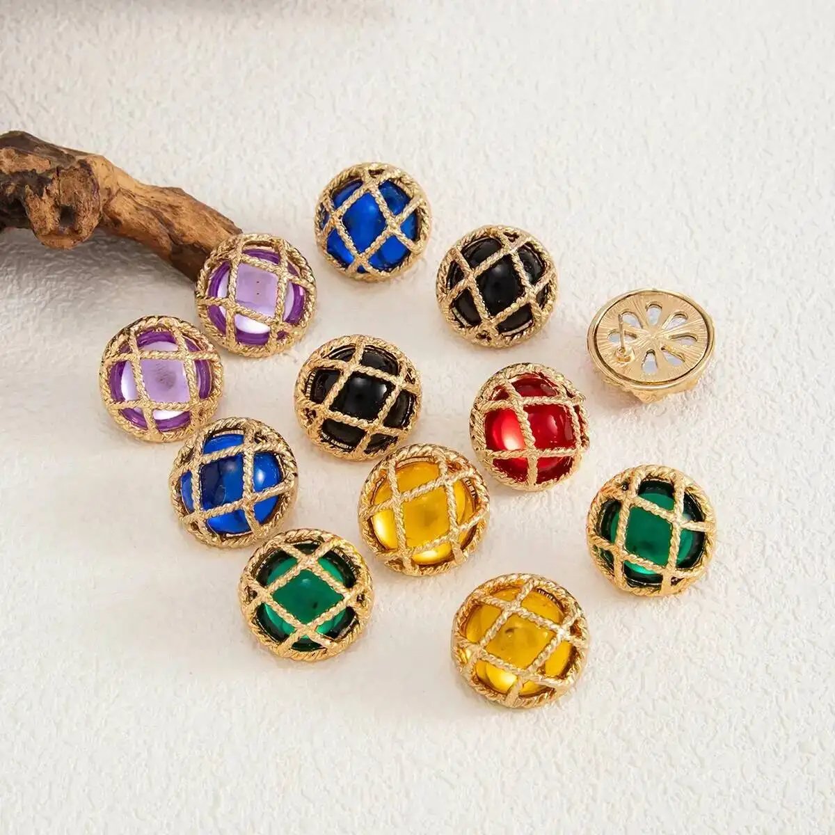 Fleepmart 6 Colors Retro Rounds Resin Crystal Stud Earrings Women Boho Gold Color Grid Cage Shaped Piercing Earring Jewelry Gifts