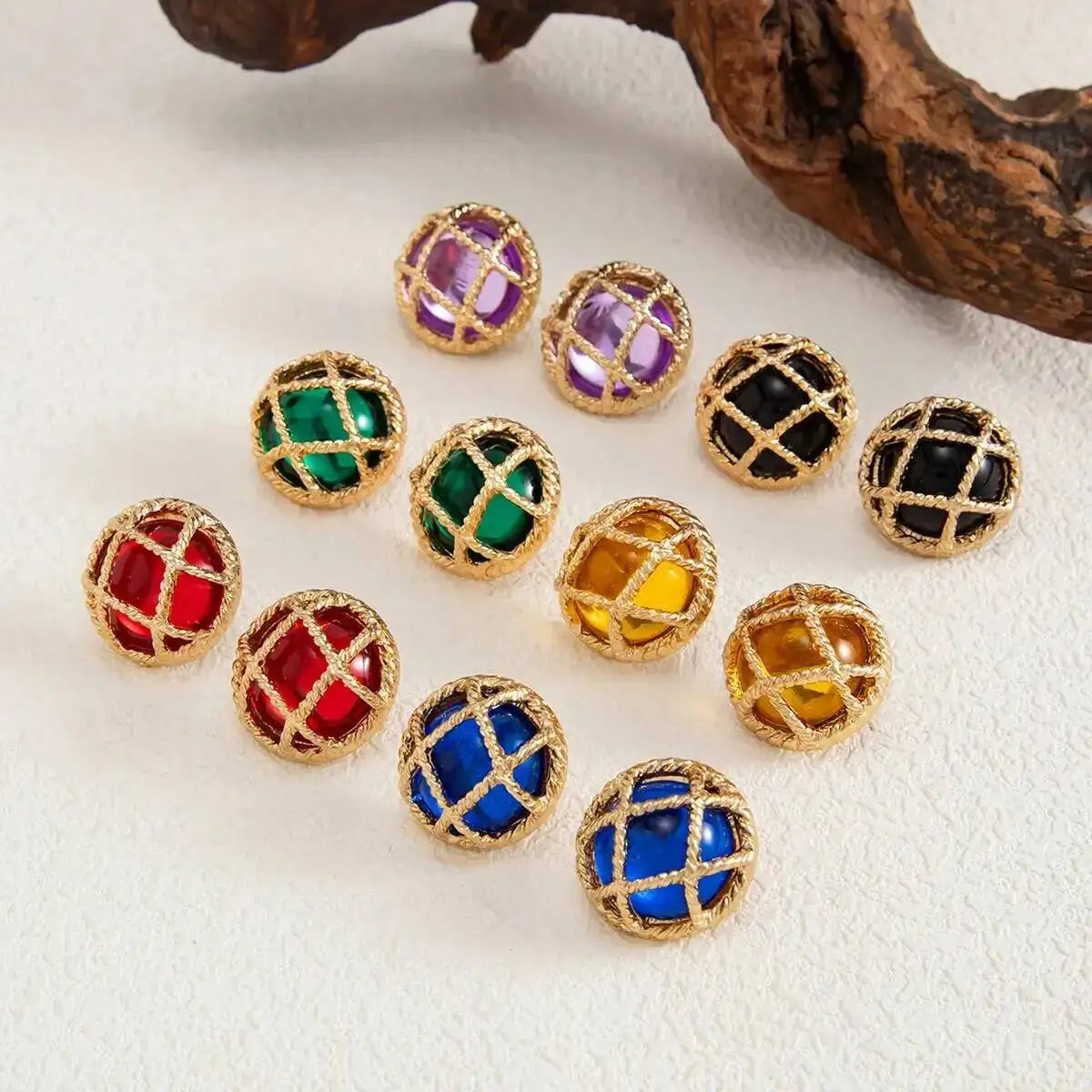 Fleepmart 6 Colors Retro Rounds Resin Crystal Stud Earrings Women Boho Gold Color Grid Cage Shaped Piercing Earring Jewelry Gifts