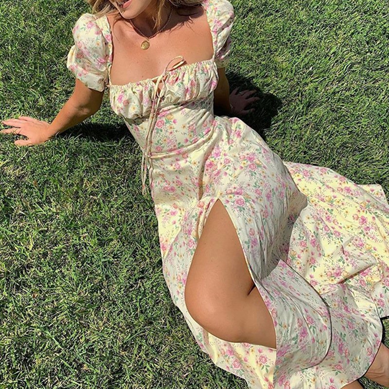 Fleepmart Women Floral Print Split Dress Sweet Puff Short Sleeve Square Collar Slim Fit Maxi Dress Holiday Summer Casual Sexy A-Line Dress