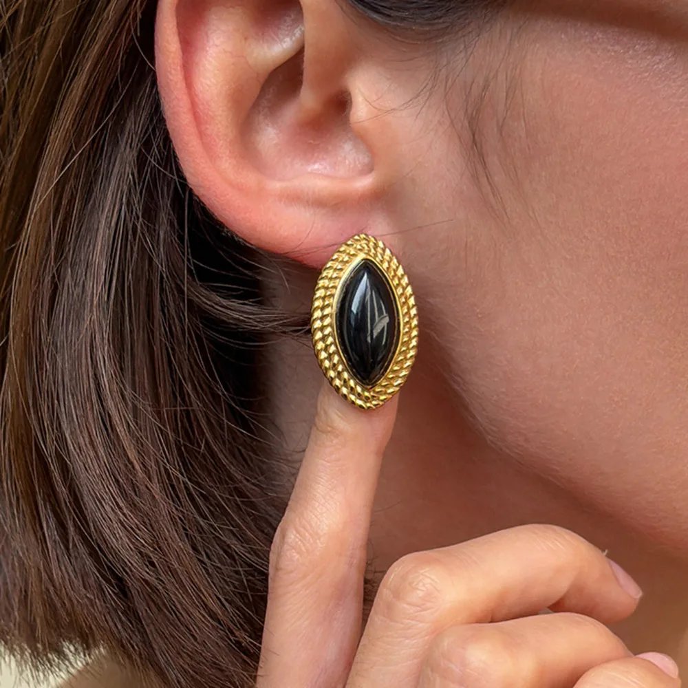 Fleepmart Elegant Inlaid Resin Stainless Steel Stud Earrings for Women Vintage 18K Gold Plated Geometric Earring New Jewelry Gift - Image 2