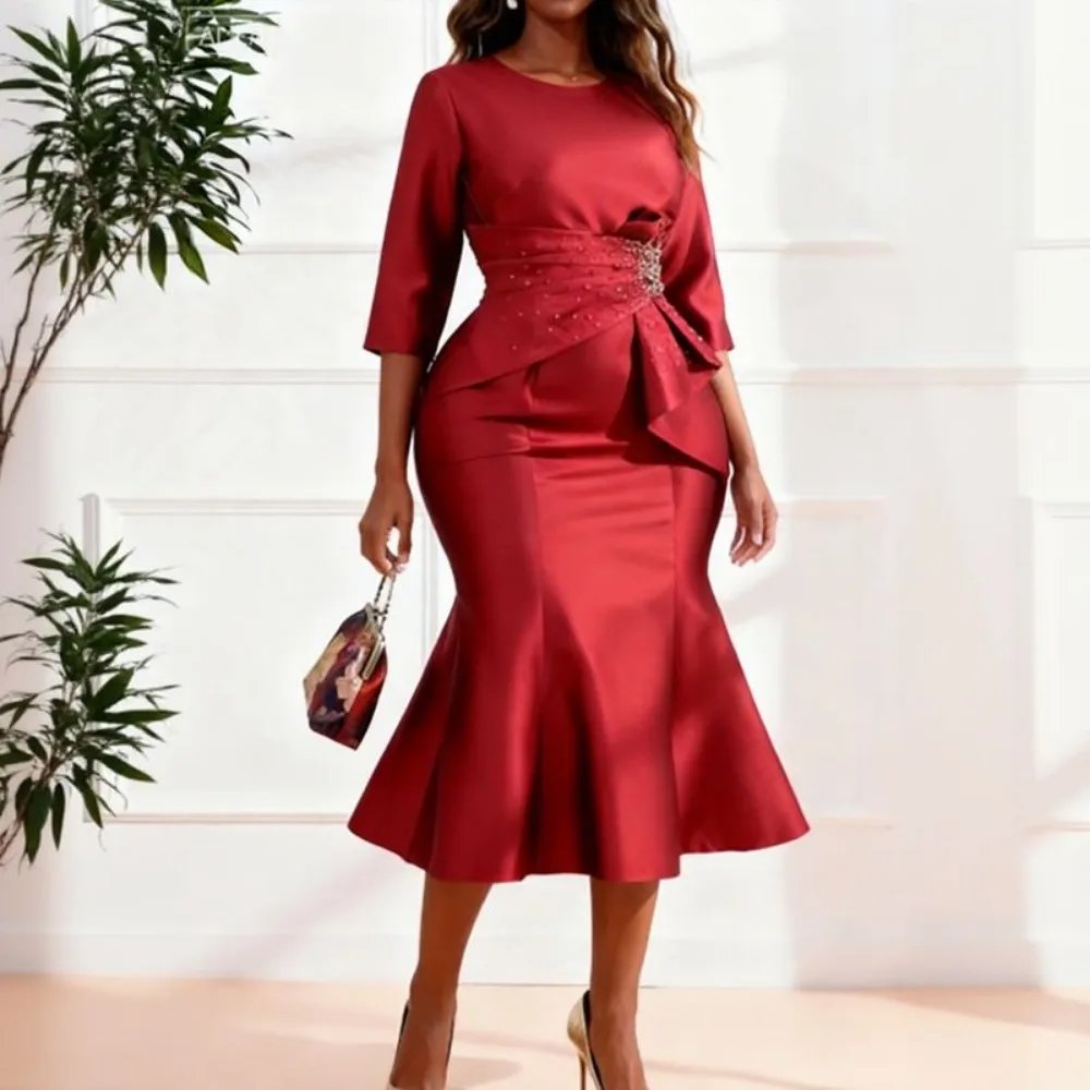 Fleepmart Elegant Satin Mermaid Dress for Women O Neck Half Sleeve Peplum Waist Rhinestone Package Hip Weddings Church Formal Events Gowns
