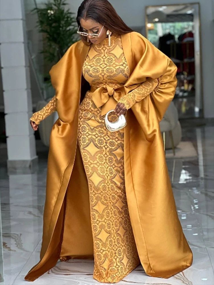 Fleepmart Elegant African Two Pieces Set Inside Bodycon Lace Dresses Sheer Bow Belt Kaftan Boubou Gowns Shiny Robe Weddings Event Occasion