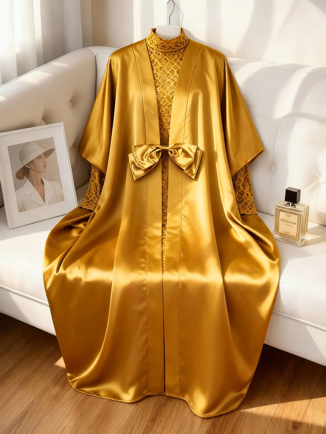 Fleepmart Elegant African Two Pieces Set Inside Bodycon Lace Dresses Sheer Bow Belt Kaftan Boubou Gowns Shiny Robe Weddings Event Occasion