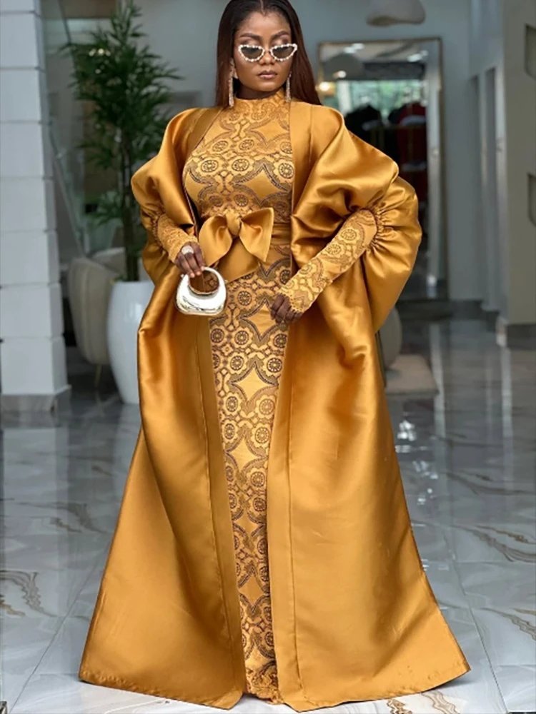 Fleepmart Elegant African Two Pieces Set Inside Bodycon Lace Dresses Sheer Bow Belt Kaftan Boubou Gowns Shiny Robe Weddings Event Occasion