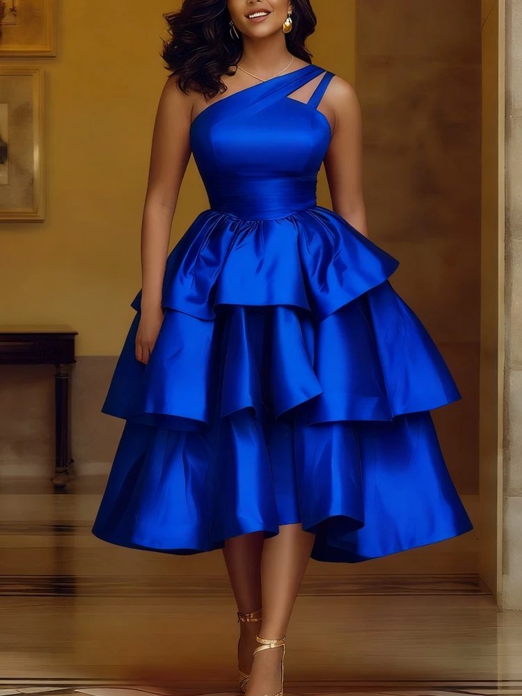 Fleepmart Women Elegant Shiny One Shoulder Ruffle Layered Christmas Party Dresses Date Out Birthday Wedding Guest Event Occasion Gowns New