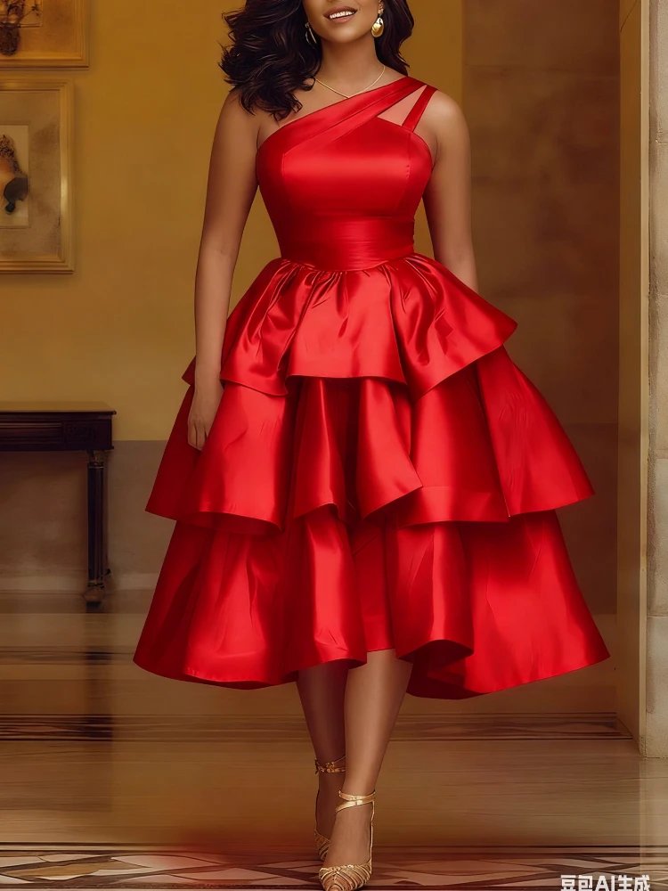 Fleepmart Women Elegant Shiny One Shoulder Ruffle Layered Christmas Party Dresses Date Out Birthday Wedding Guest Event Occasion Gowns New